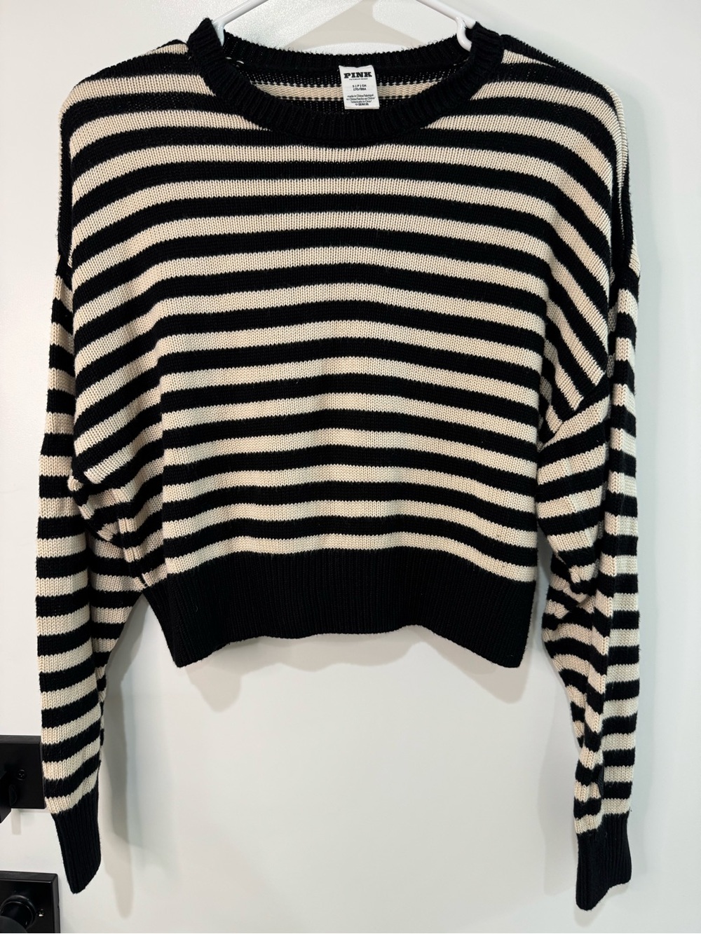 PINK Victoria's Secret Black & Cream Striped Crewneck Sweater